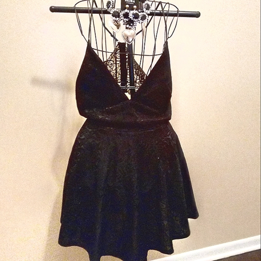 Black Lace Overlay Spaghetti Strap Mini Dress